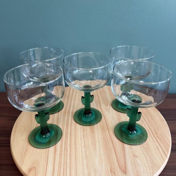 NOS Libbey Cactus Margarita Glasses Set Of 5 Green Stem Clear Bowl 12 Oz Vintage - Picture 2 of 7